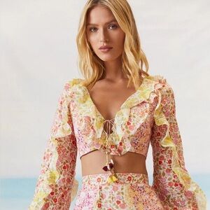 Zimmermann Linen Floral Ruffle Crop Top